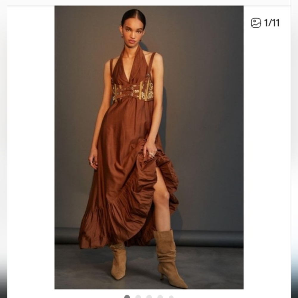Nikita Mhaisalkar Brown Halter Maxi Dress With Flounce Coachella 4